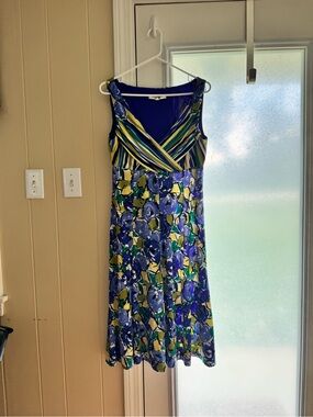 Evan Picone Blue, Green and Yellow Floral Striped Sleeveless Midi Dress